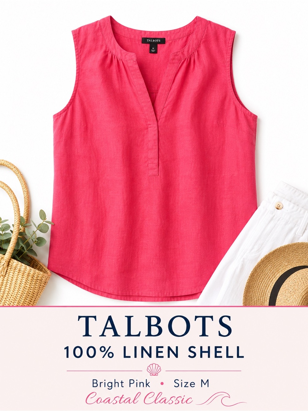 Talbots Airy Linen Shell Top Coral Heathered Sleeveless Split Neck Size Medium